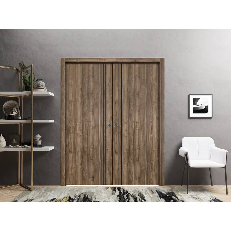 French Double Pocket Doors 36 x 80 Planum 0016 Walnut with Kit Trims Rail