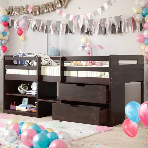 slide 2 of 9, Twin Size Loft Bed With Two Shelves and Two drawers for Home Antique Espresso