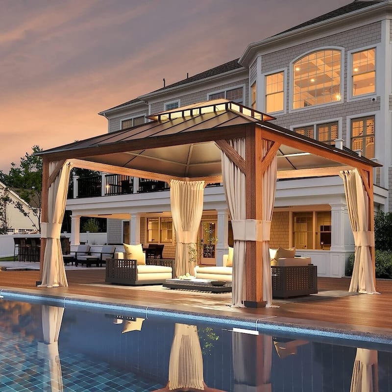 Outdoor Galvanized Steel Roof Gazebo Pergola w Wooden Coated Alumninum Frame, Privacy Curtains and Nettings Include
