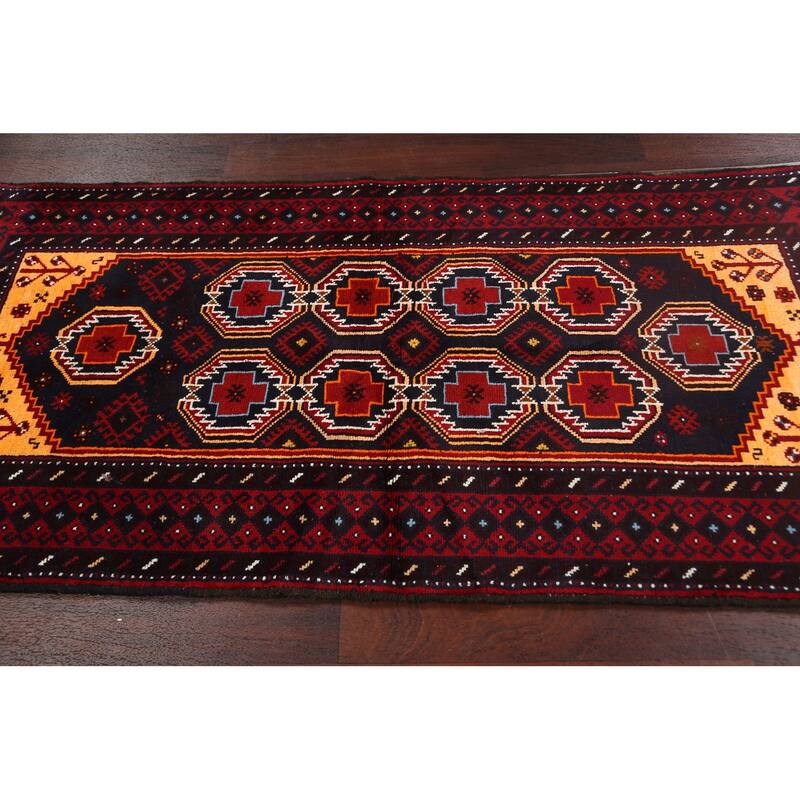 Geometric Balouch Persian Runner Rug Hand-knotted Wool Carpet - 3'3" x 6'7"
