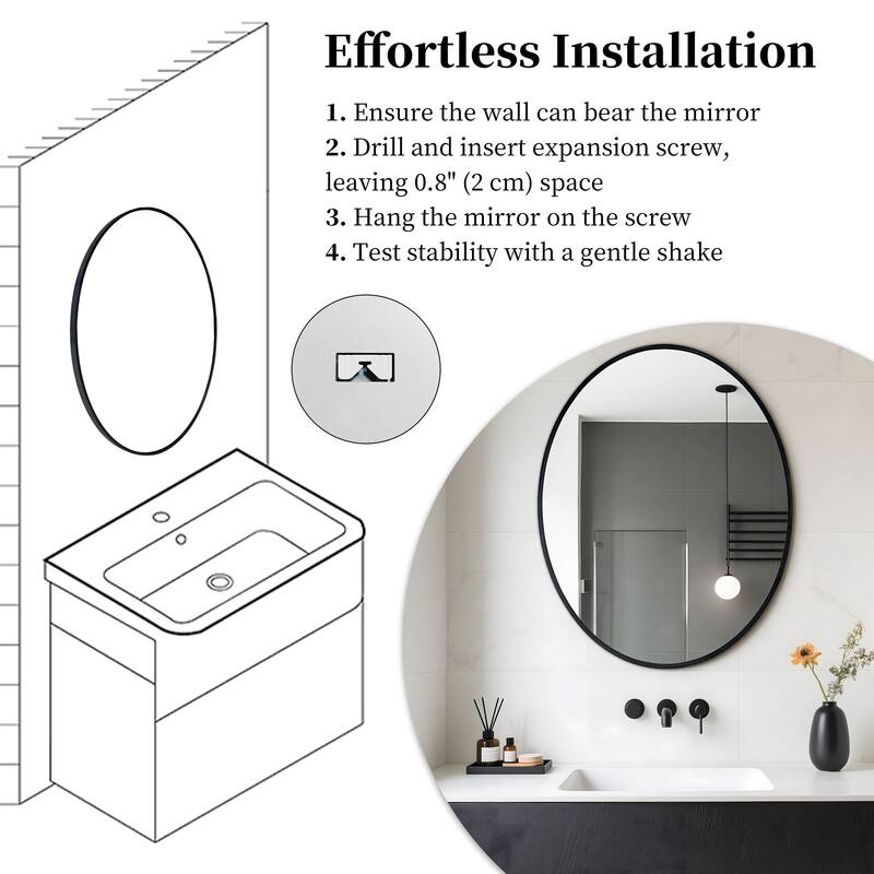 Black Oval Mirror for Bathroom Aluminium Alloy Frame Wall Mount Mirror