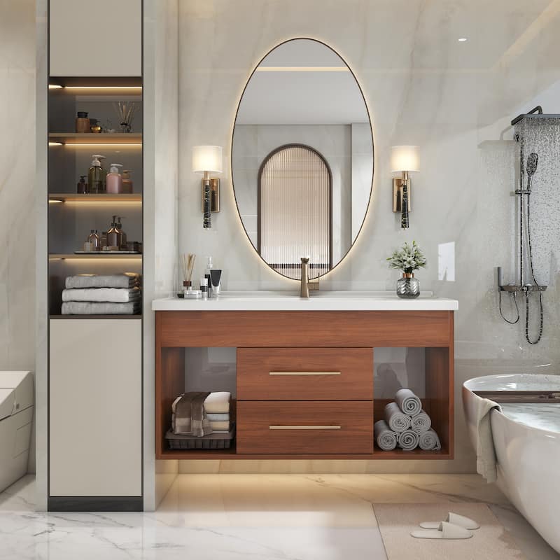 35.4" Mid-century Modern Single Bathroom Vanity with Integrated Ceramic Undermount Sink - White+Walnut