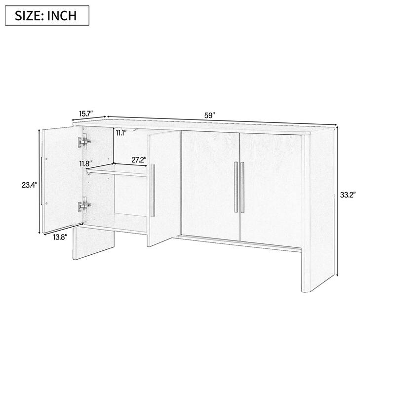 Retro 4-Door Buffet Cabinet with Adjustable Shelves and Long Metal Handles - 59" Wood Sideboard for Kitchen & Dining