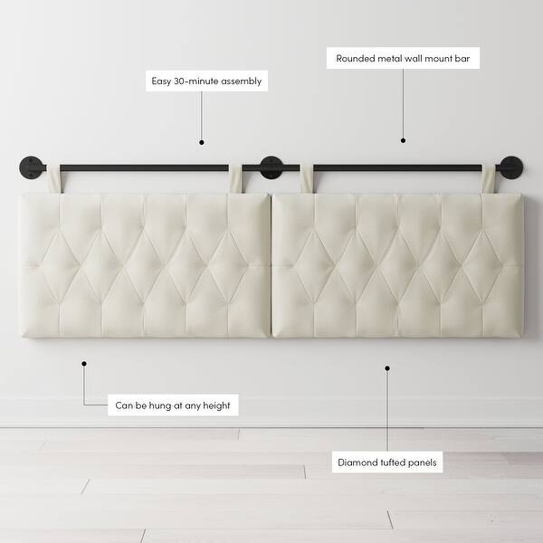 dimension image slide 9 of 16, Nathan James Remi Wall Mount Tufted Headboard with Adjustable Straps and Black Metal Rail