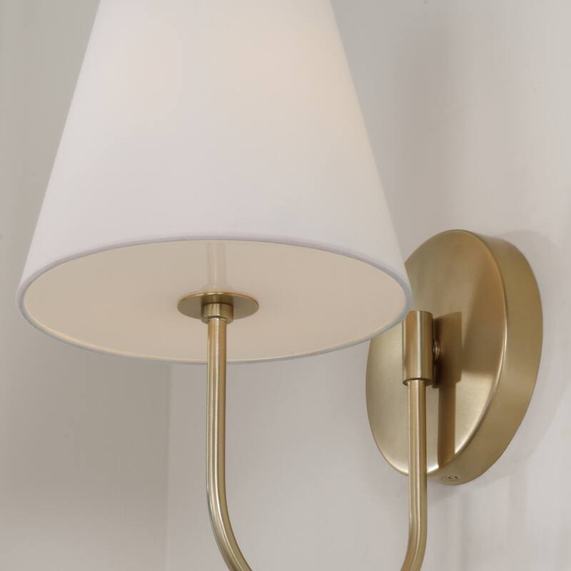 7.50"W x 14"H 1-Light Sconce in Matte Brass with Tapered White Fabric Shade and Glass Diffuser - 7.5"W x 14"H x 9.75"E