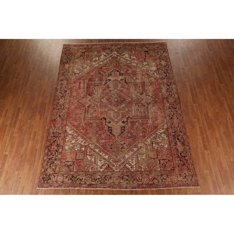 Red & Pink Geometric Heriz Persian Vintage Rug Handmade Wool Carpet - 8'5"x 11'5"