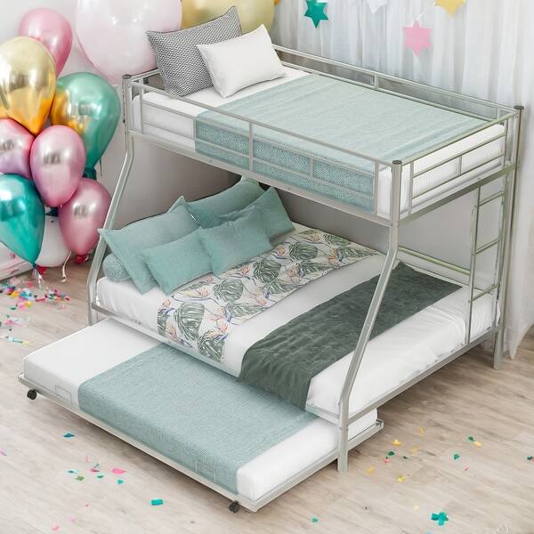 slide 2 of 9, Twin Over Full Bunk Bed With Twin Size Trundle,Two-Side Ladders for Home Silver