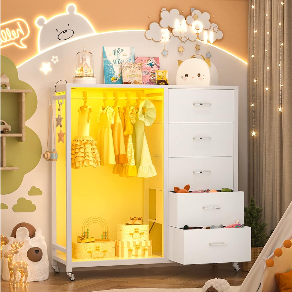 Rollway Dresser with Charge Station and LED Light,Chest With Drawers for Kids Room