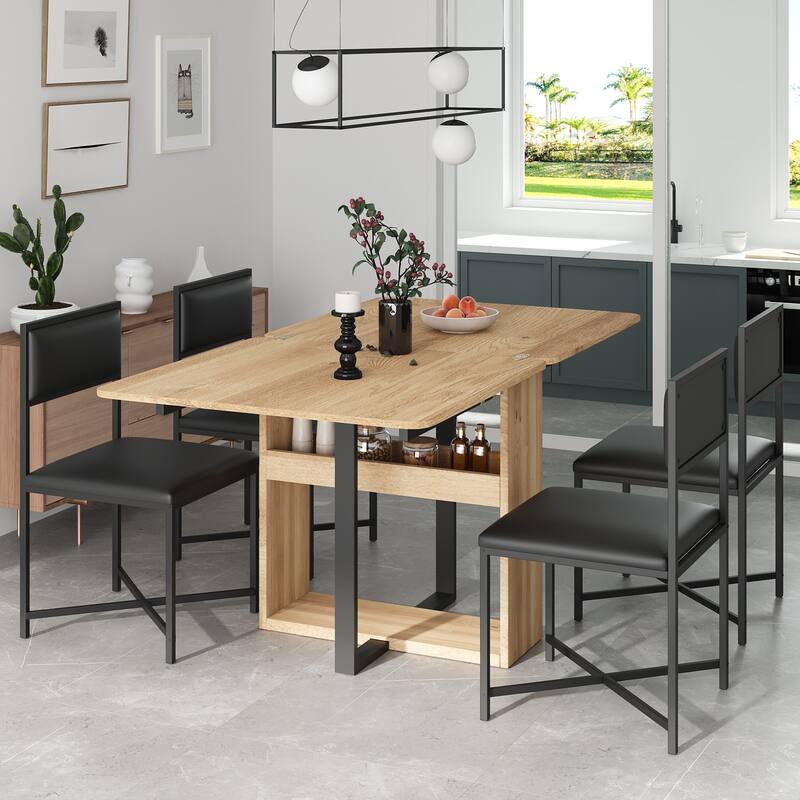 Modern 5-Piece Extendable Dining Table Set, 63" Kitchen Foldable Wooden Table with Lower Storage Shelf and 4 PU Leather Chairs - Black