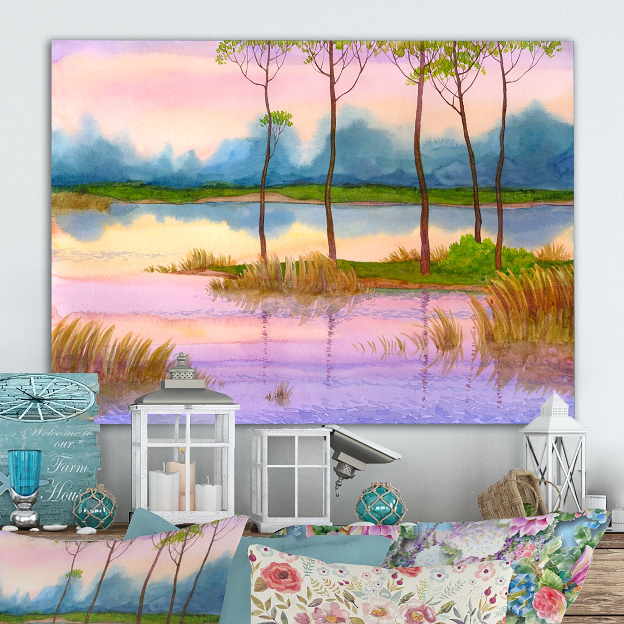 Designart "Spring Sunrise By The Lake" Traditional Canvas Wall Art