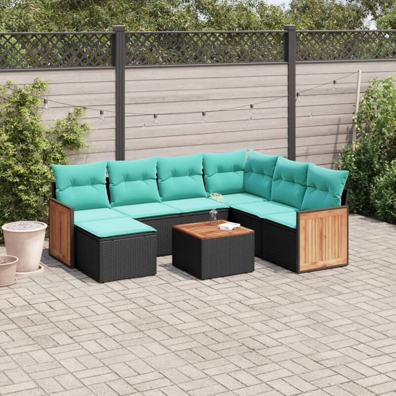 vidaXL 7 Piece Patio Sofa Set with Cushions Black Poly Rattan - 21.7x27.2x24.4-With table