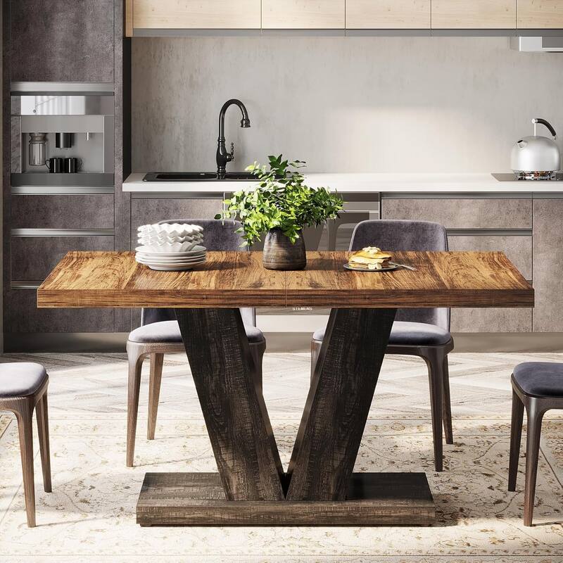 47-Inch Wooden Dining Table with Heavy Duty Pedestal, Farmhouse Kitchen Dinner Table for Home