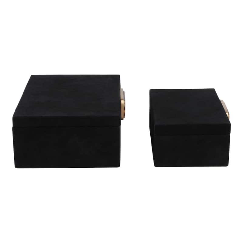 Modern Suede Box with Metallic Detail and Lid - Set of 2, 14", Black - 14.0"