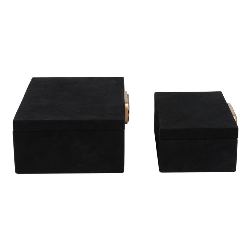 Wood Metal Storage Box Gold Accents (Set of 2) - 4", 5" Black - 14" x 10" x 5"