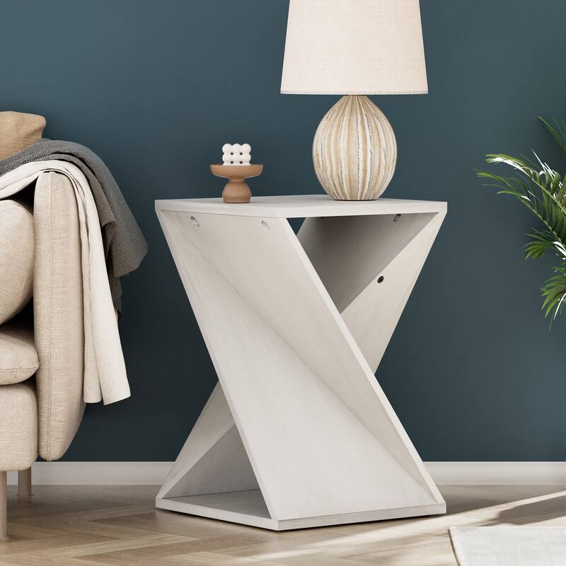COZAYH Farmhouse End Table Square Solid Wood Side Table Rustic Plant Stand With Twisted Design, Natural Wood, Black - White