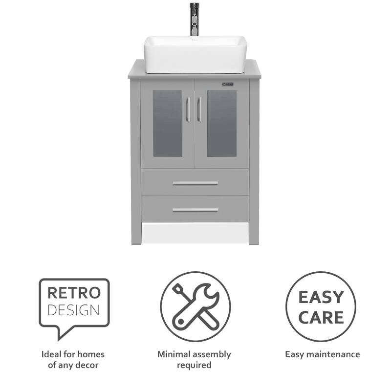 Eclife 24" Bathroom Vanity Gray Set Glass/ Ceramic Vessel Sink Cabinet Faucet Drain Combo Free Standing