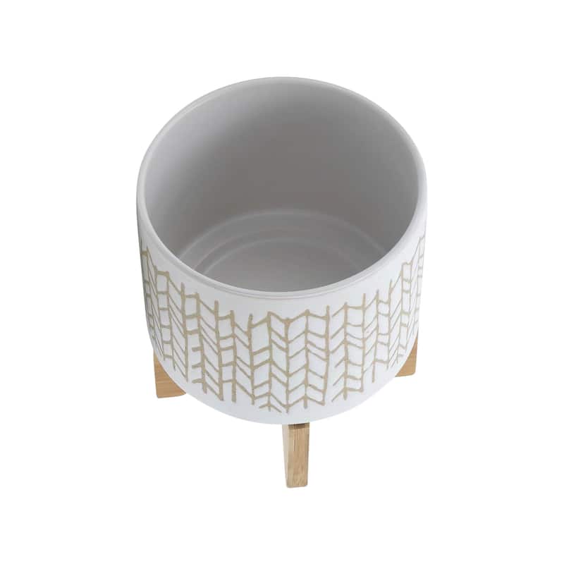 8" Planter with Wood Stand, Beige