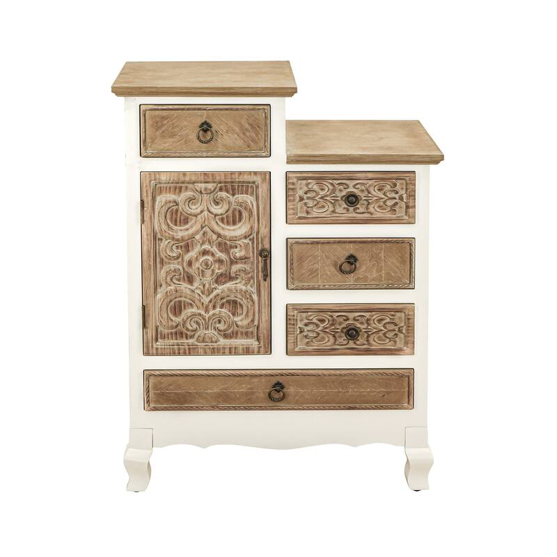 30" Tall Wooden Cabinet with 5 Drawers and 1 Door in Natural