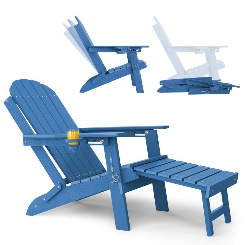 WINSOON Outdoor All-Weather HDPE Folding Adirondack Chair with Ottoman, Cup Holder & Adjustable Back - Blue