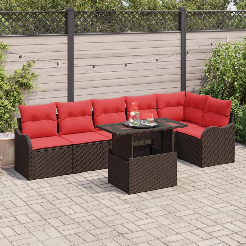 vidaXL 7 Garden Sofa Set with Cushions Black/Brown/Grey Poly Rattan - 113.2 x 48.2 x 27.2 - Brown