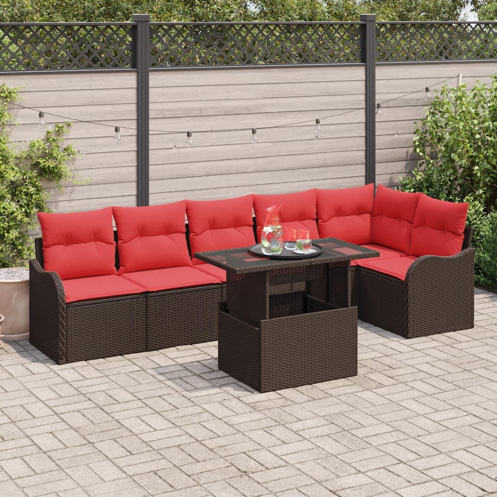 vidaXL 7 Garden Sofa Set with Cushions Black/Brown/Grey Poly Rattan - 113.2 x 48.2 x 27.2