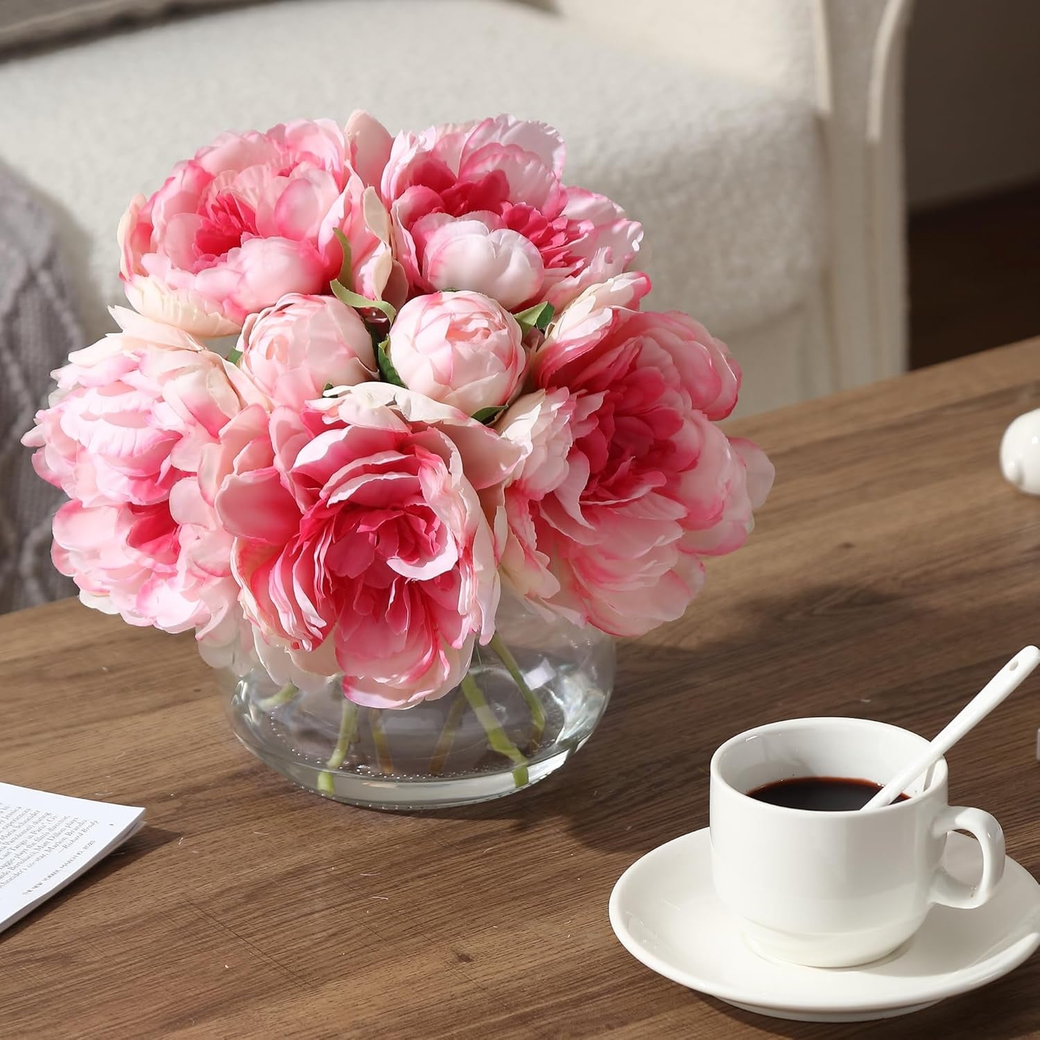 Real Touch Silk Peonies in Glass Vase, 6 Stems with Faux Water, Wedding & Home Decor