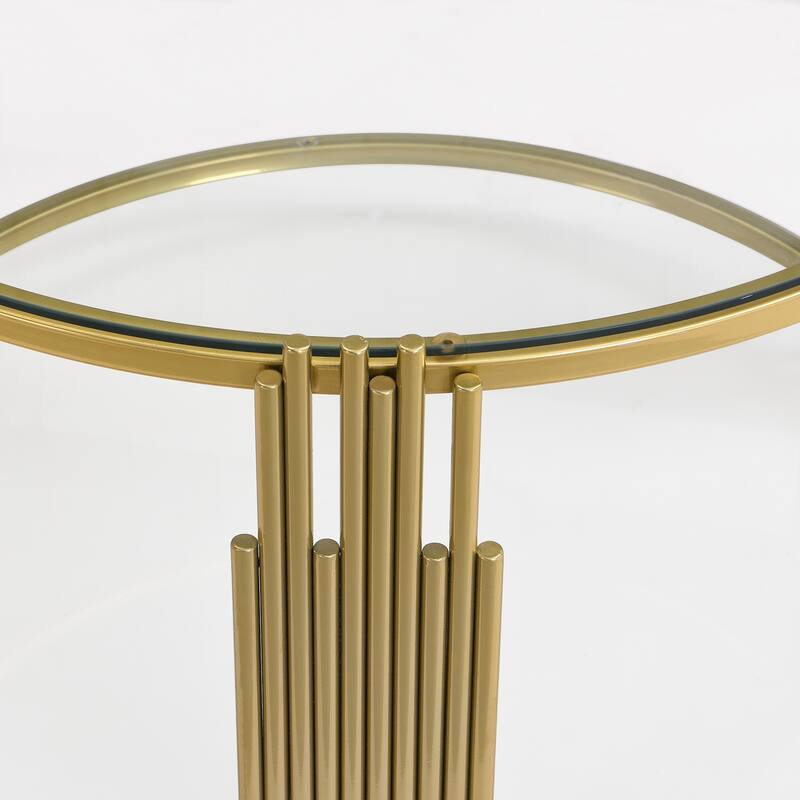 Modern Mirror Coffee Table, Asymmetrical Metal, Circular Metal Drum Base, Gold Finish & Lower Shelf