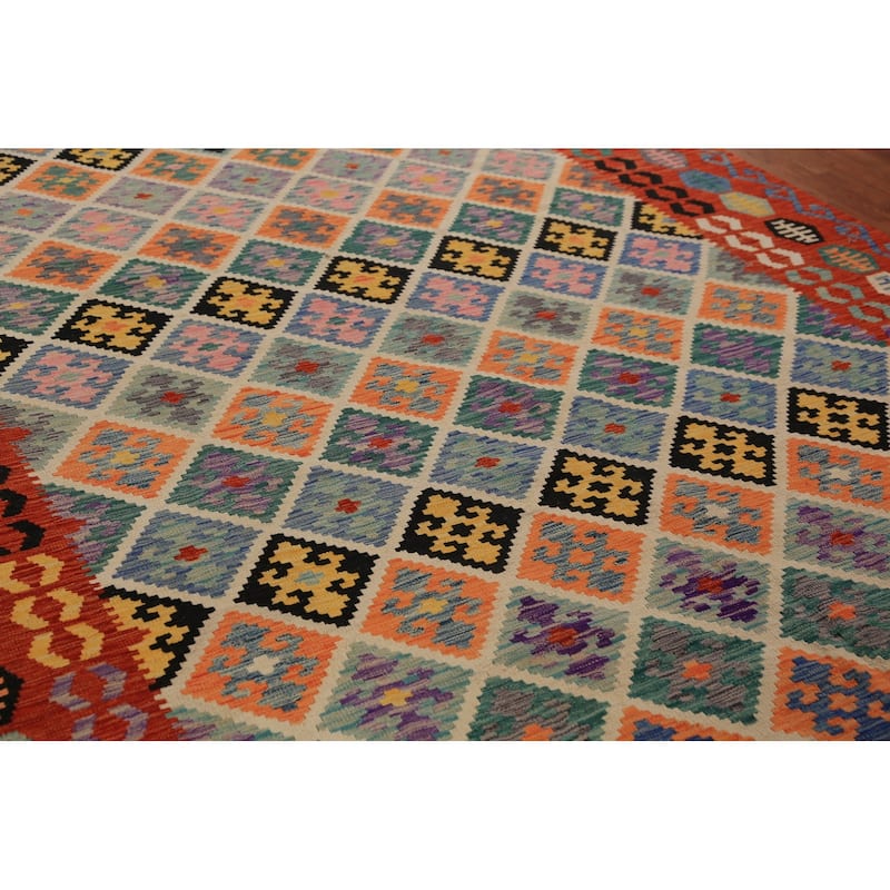 All-Over Trellis Kilim Oriental Area Rug Flatweave Wool Carpet - 8'6"x 11'9"