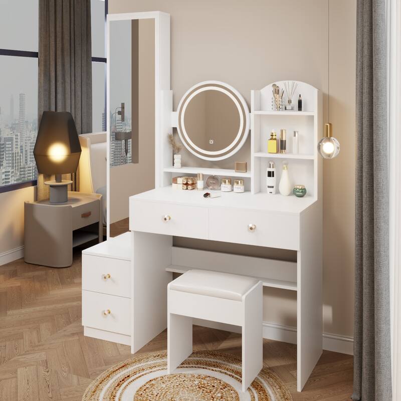 Adjustable LED Makeup Vanity with Round Mirror and Cushioned Stool