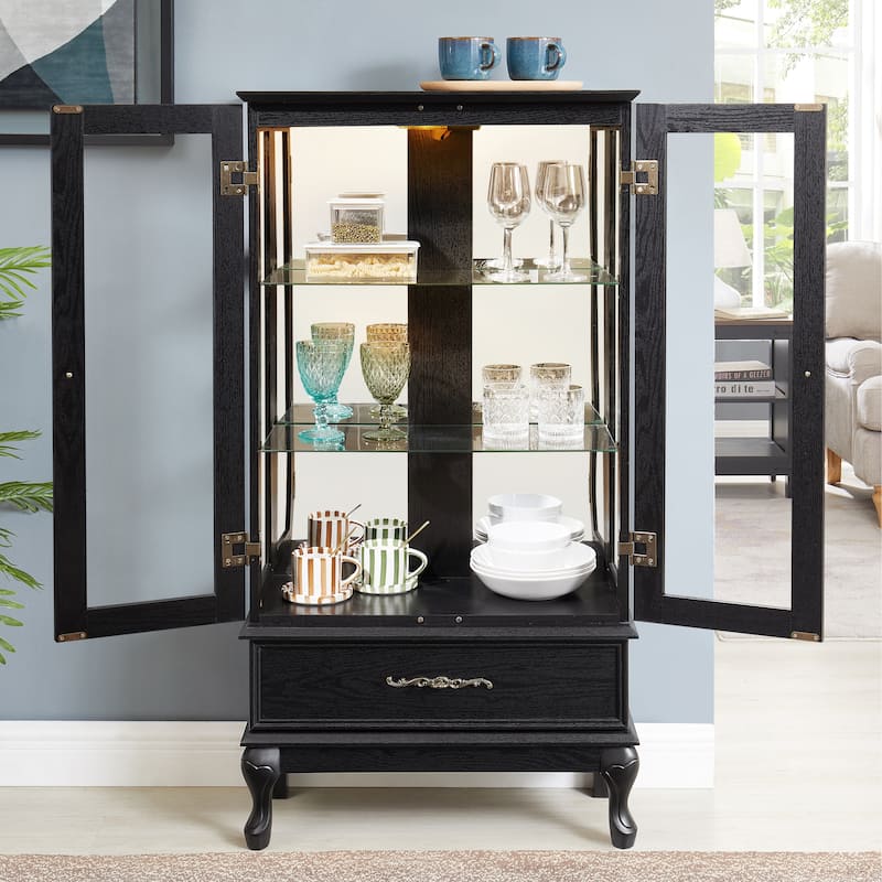 Black LED-Lit Curio Cabinet - Glass Door Display Case With Adjustable Shelves & Storage Drawer‌