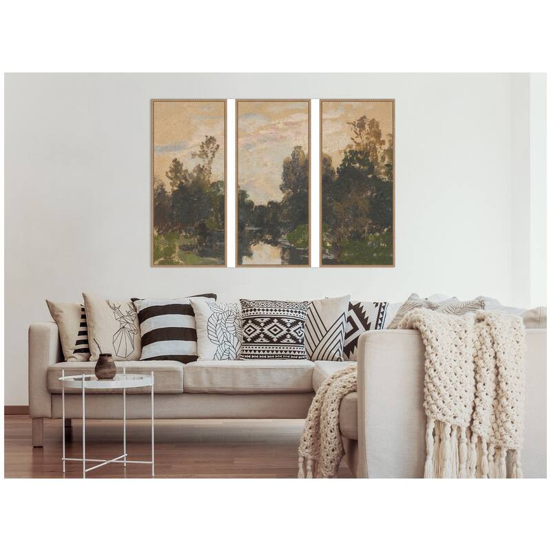 Kate and Laurel Landscape by the River Barycz Adolf Dressier 3 Piece Framed Canvas Wall Art Set by Nostalgia Prints