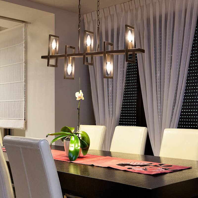 5-light Modern Black Gold Kitchen Island Geometrical Candle Chandelier Linear Penant Light - L31.5" x W4" x H74"