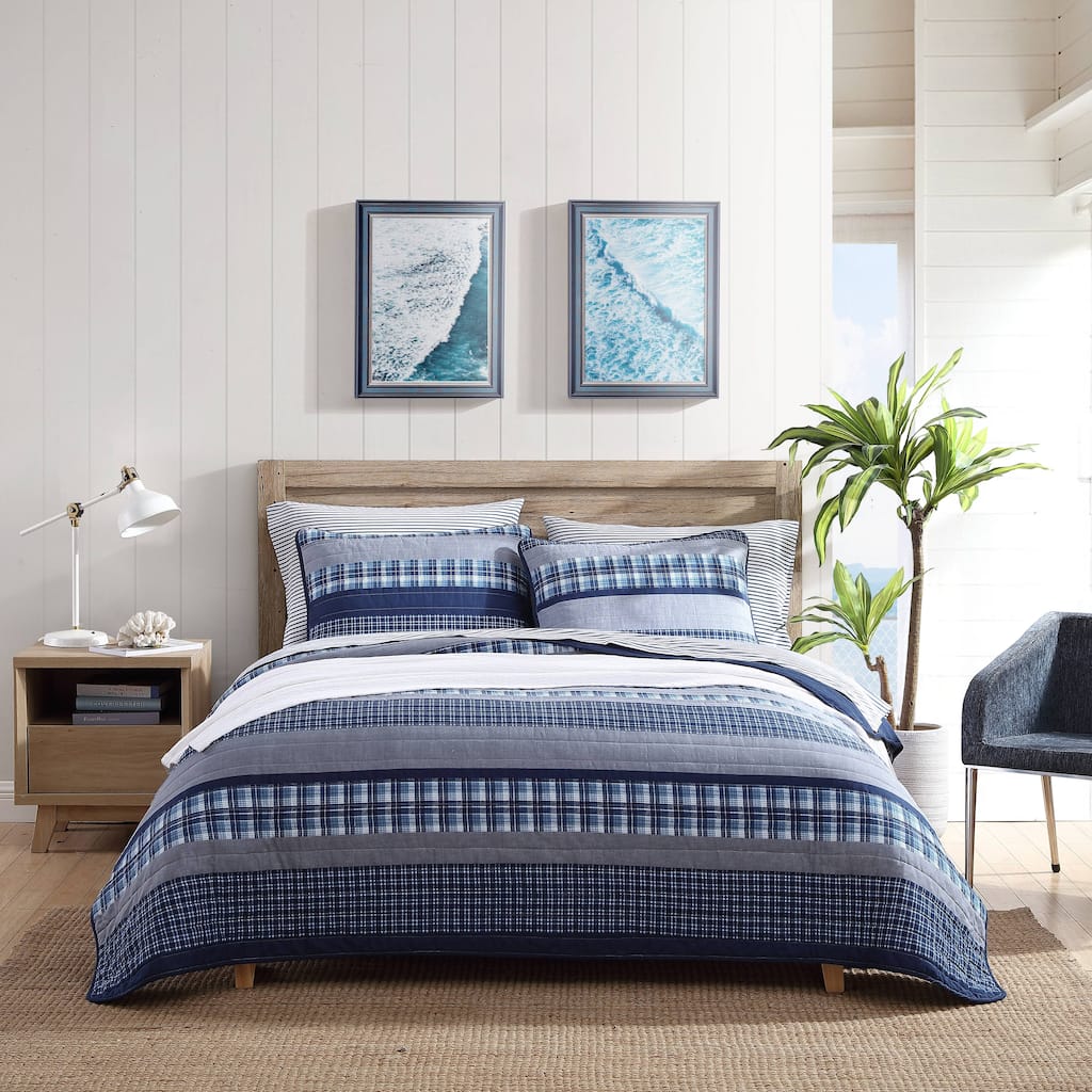 Nautica Addison Cotton Plaid With Solid Reverse Lightweight Quilt (Blue, 3 Piece Set)