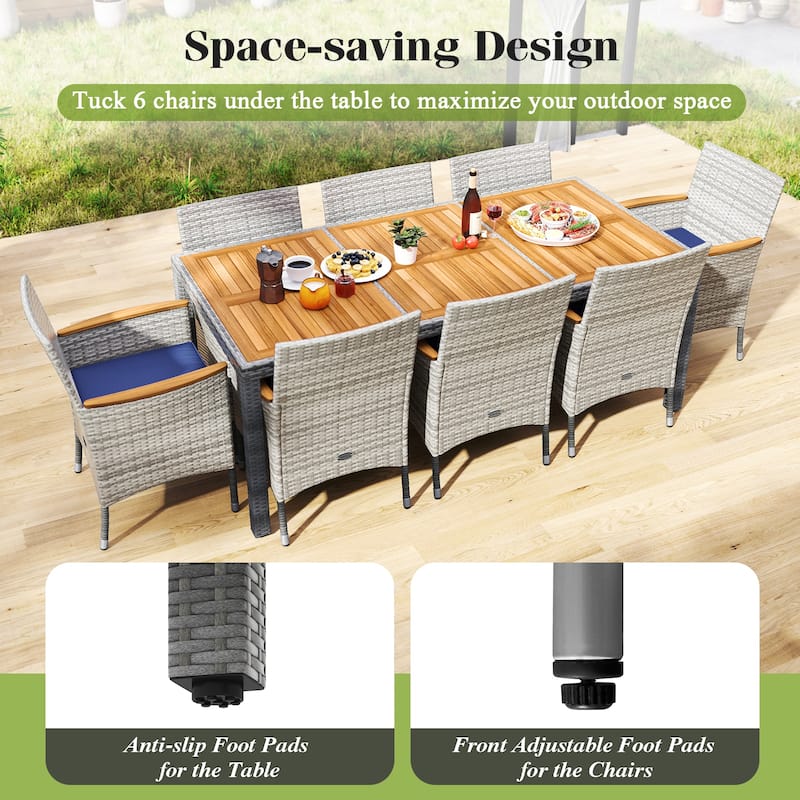 Gymax 9 Pieces Patio PE Wicker Dining Set Outdoor Acacia Wood Table &