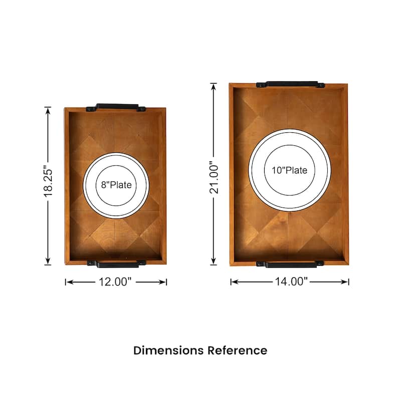 Glitzhome 2-Piece 18"/21"L Rectangle Wooden Geometric Carved Trays with Metal Handles