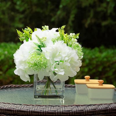 Mixed Silk Hydrangea Flower in Clear Glass Vase With Faux Water for Home Wedding Office Decoration