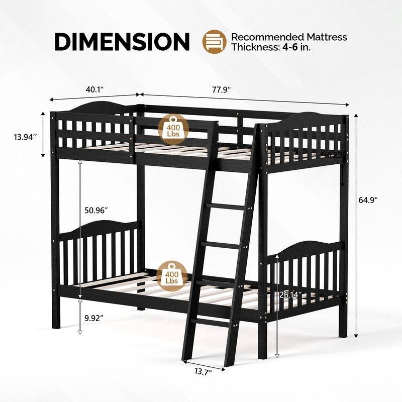 Twin Over Twin Solid Wood Bunk Bed for Kids and Adults, No Box Spring Required