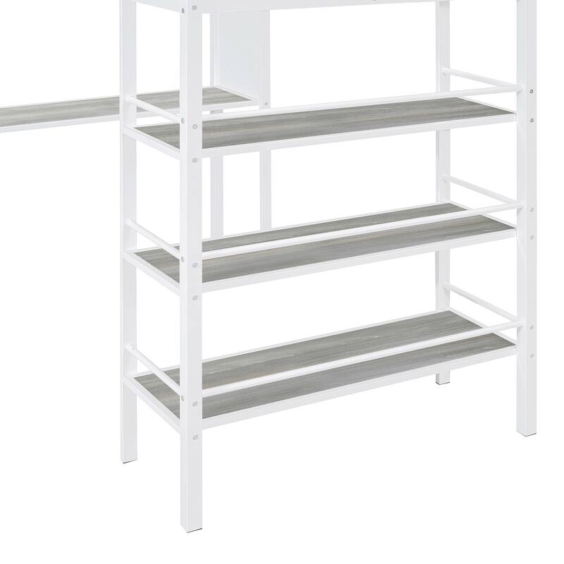 Twin Loft Metal Bed with Desk, Whiteboard, and 3-Layer Shelves, Stylish Chrome Frame for Study and Storage