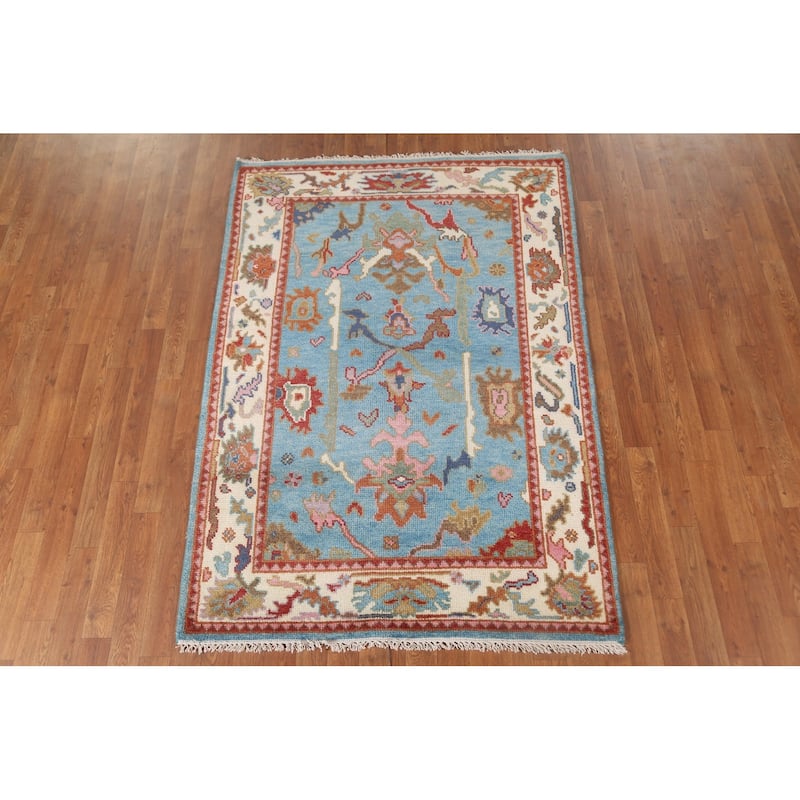 Light Blue Transitional Oushak Oriental Area Rug Handmade Wool Carpet - 4'0"x 5'10"