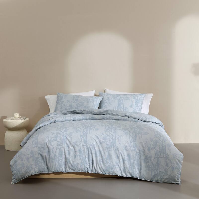 Calvin Klein Bayberry Washed Percale Cotton Reversible Duvet Cover Set Breathable (Blue, 3 Piece)