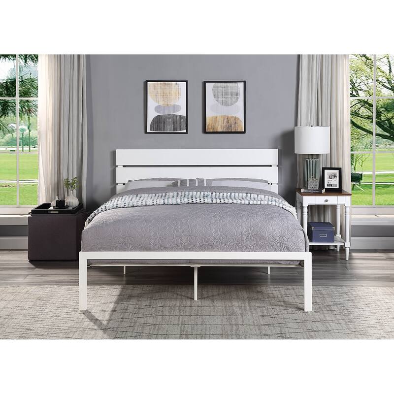 Queen Size White Metal Bed with MDF Headboard