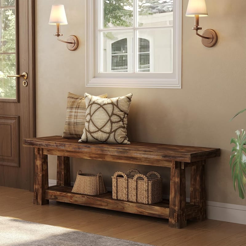 55" Solid Wood Entryway Bench with Shoe Storage, Charred Wood Grain