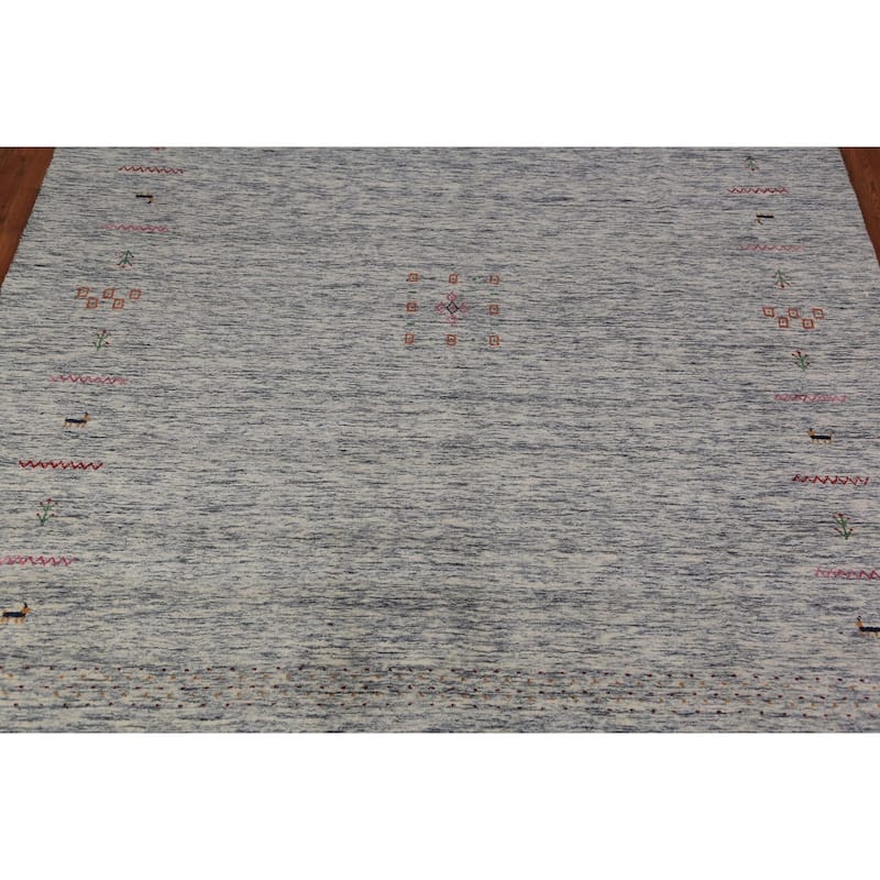Ivory & Blue Tribal Gabbeh Area Rug Handmade Wool Carpet - 8'3" x 9'8"