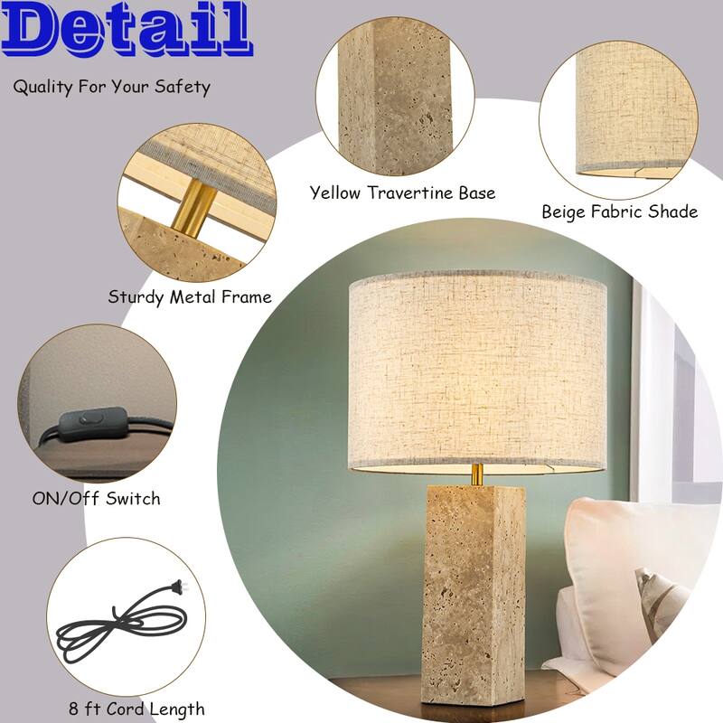 1-Light 22'' Modern Coastal Natural Rectangular Travetine Table Lamp With Beige Linen Shade For Bedroom and Living Room - W14''