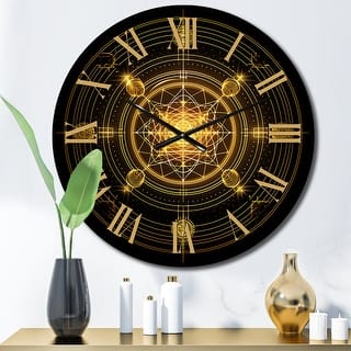 Designart "Knowing Sacred Geometry Gold On Black I" Modern Geometric Oversized Wall Clock