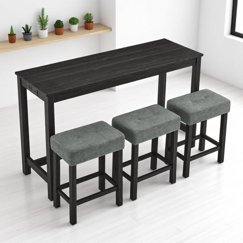 59" Bar Table Set with Charging Station, 4-Piece Dining Table and 3 Upholstered Stools, Space-Saving High Table for Kitchen