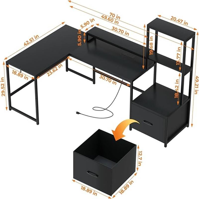Shaped Desk with Power Outlets - 18.89"D x 70.07"W x 29.52"H