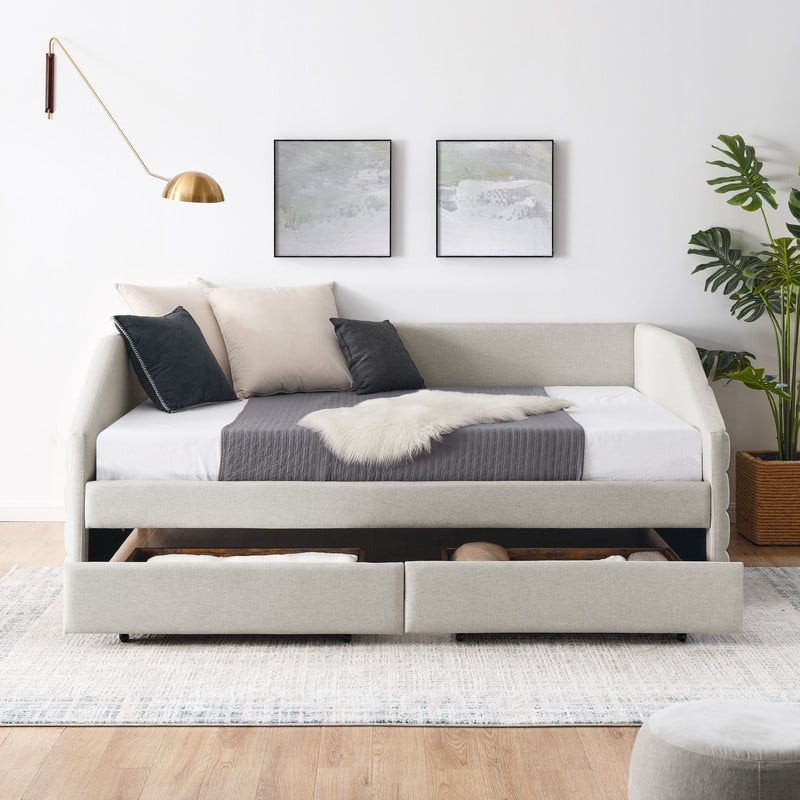 Trundle Upholstered Tufted Daybed Sofa Bed with Two Drawers Linen Fabric