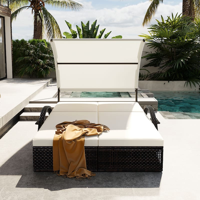 Outdoor Steel Frame Sun Lounger with Adjustable Backrest,Patio Double Sunbed with Hidden Side Table and Arched Armrests