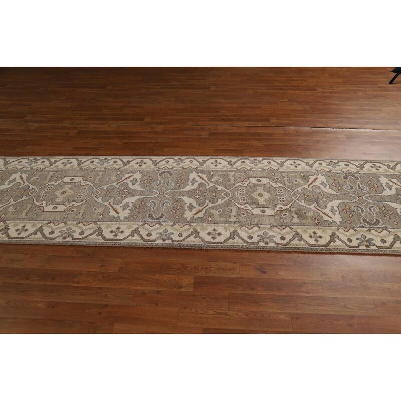 Hand Knotted Oriental 100% Wool Carpet Transitional All-Over Greys & Charcoal Oushak Runner Rug - 11' 9'' X 2' 8''